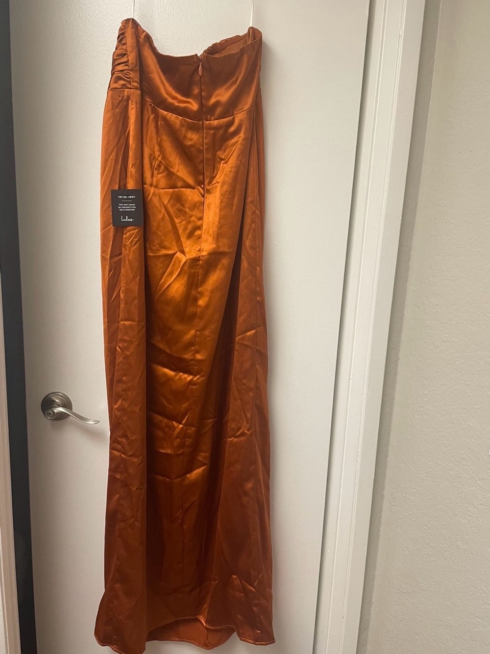 Memorable Entrance Rust Orange Strapless Satin Dress - Picture 5 of 7